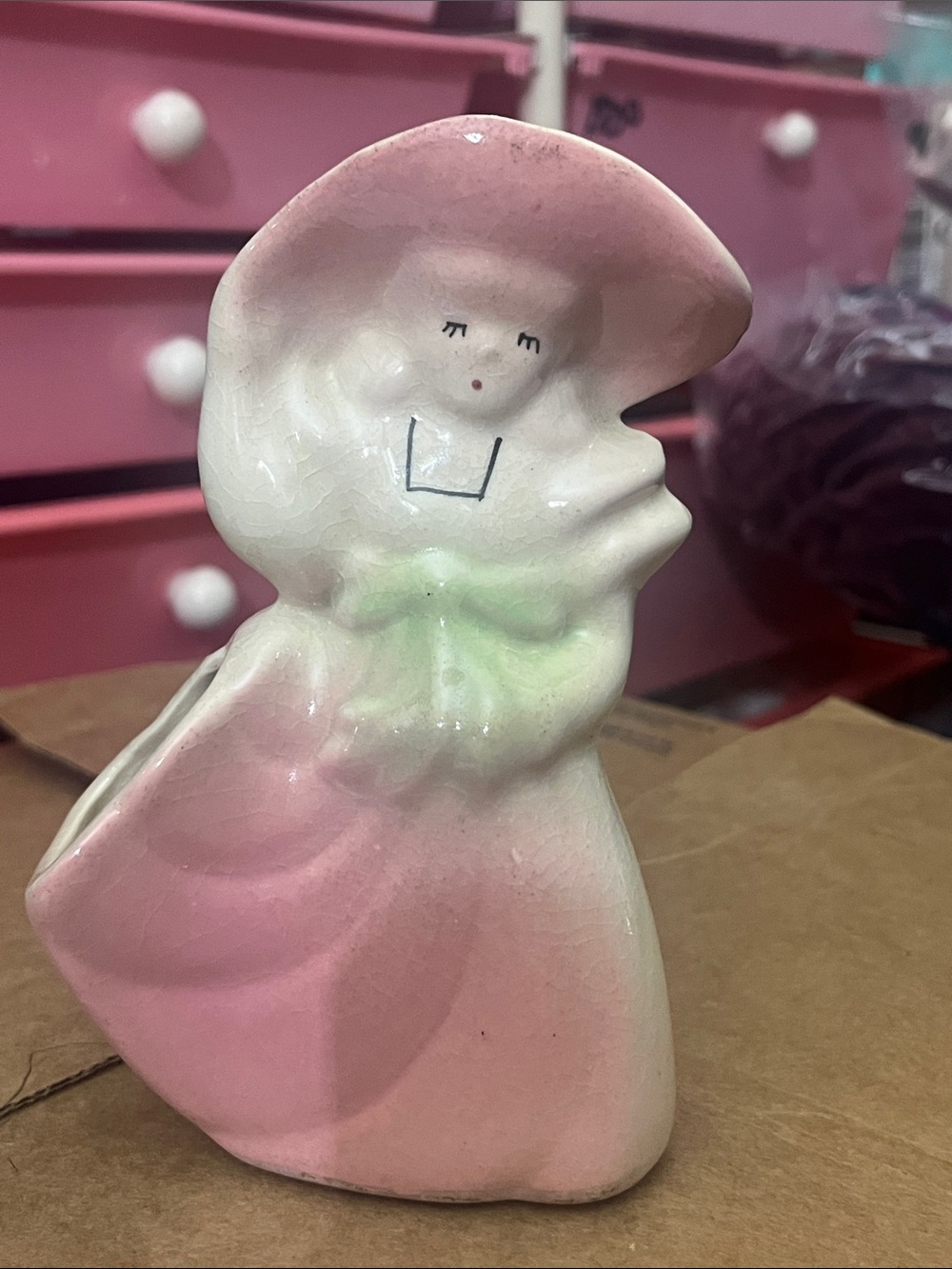 Vintage Pink Ceramic Lady Figurine Vase Plant Holder, Office Accessory 631